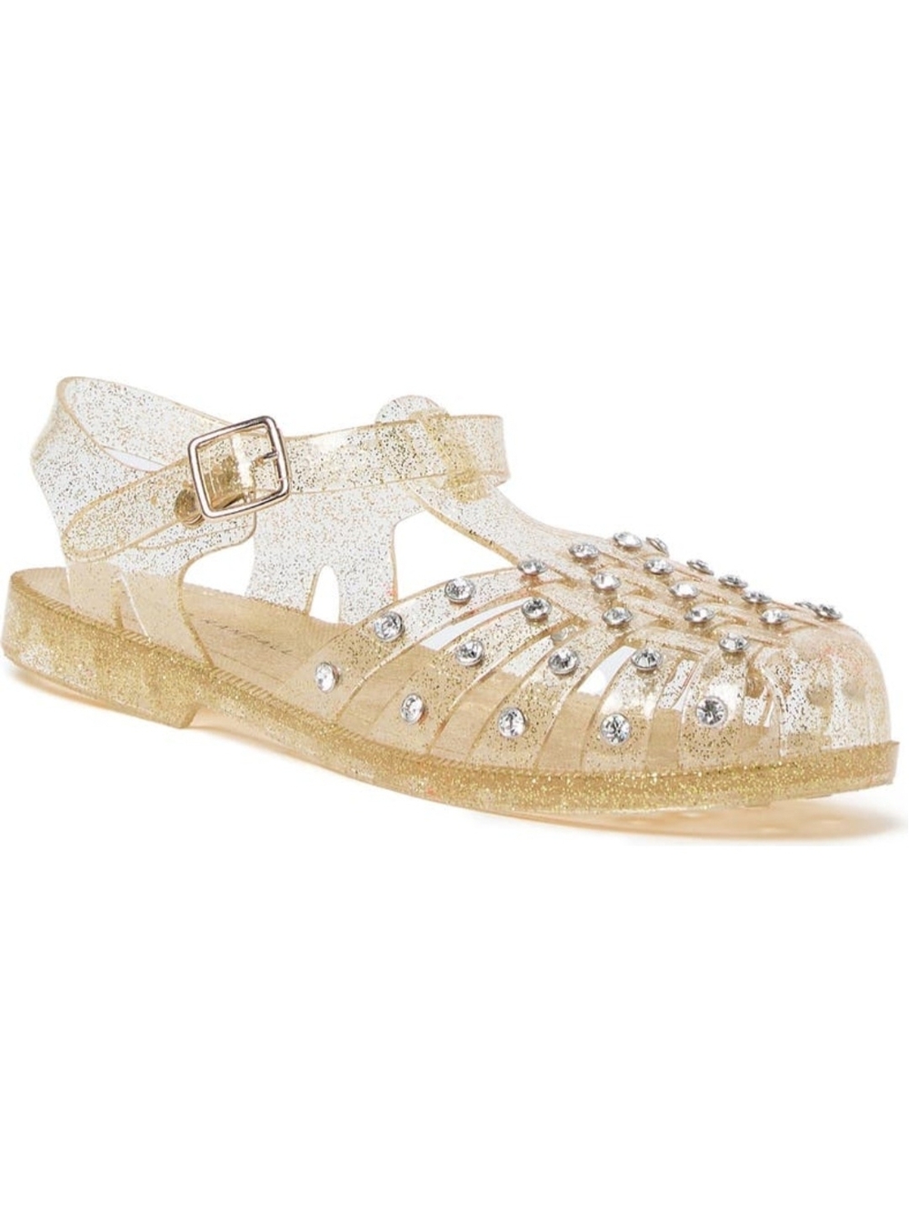 Loeffler Randall Gold Glitter Jelly Sandals with Rhinestones